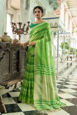 Yellow woven raw silk saree with blouse 1