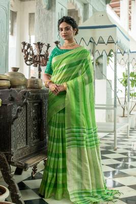 Yellow woven raw silk saree with blouse 2