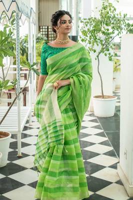 Yellow woven raw silk saree with blouse 3