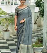 Navy blue woven tussar silk saree with blouse