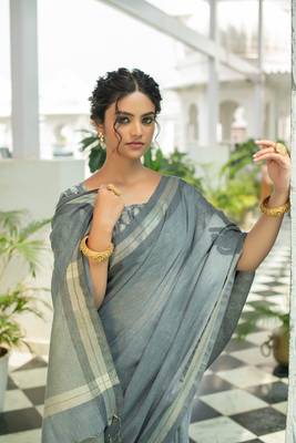 Navy blue woven tussar silk saree with blouse 3