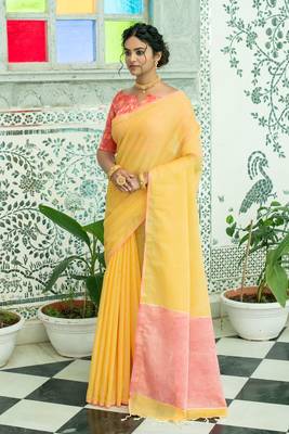 Yellow woven tussar silk saree with blouse 1