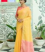 Yellow woven tussar silk saree with blouse