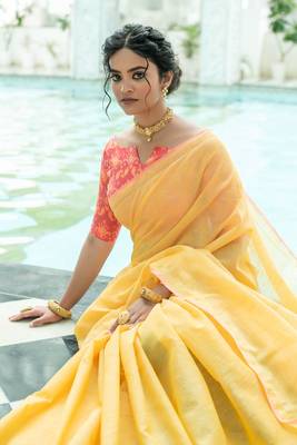 Yellow woven tussar silk saree with blouse 2