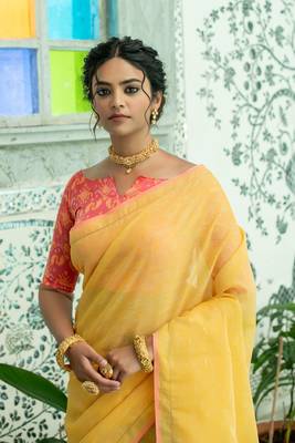 Yellow woven tussar silk saree with blouse 3