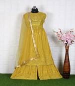 Yellow Faux Georgette Embroidered Semi-stitched Sharara Suit Dress Material with soft net  Embroidered work Dupatta 