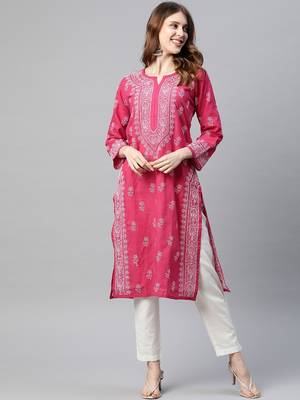 Ada Hand Crafted Magenta Cotton Lucknowi Chikankari Indian Women Kurta - A220716 1