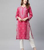 Ada Hand Crafted Magenta Cotton Lucknowi Chikankari Indian Women Kurta - A220716