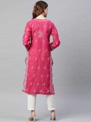 Ada Hand Crafted Magenta Cotton Lucknowi Chikankari Indian Women Kurta - A220716 2