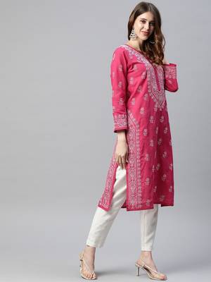 Ada Hand Crafted Magenta Cotton Lucknowi Chikankari Indian Women Kurta - A220716 3