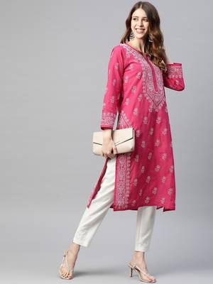 Ada Hand Crafted Magenta Cotton Lucknowi Chikankari Indian Women Kurta - A220716 4