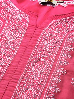 Ada Hand Crafted Magenta Cotton Lucknowi Chikankari Indian Women Kurta - A220716 5