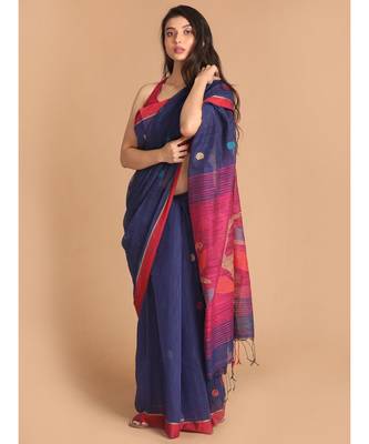 Blue Bengal Handloom Cotton Blend Work Saree with blouse 1