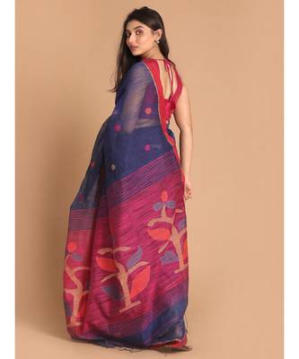 Blue Bengal Handloom Cotton Blend Work Saree with blouse 3