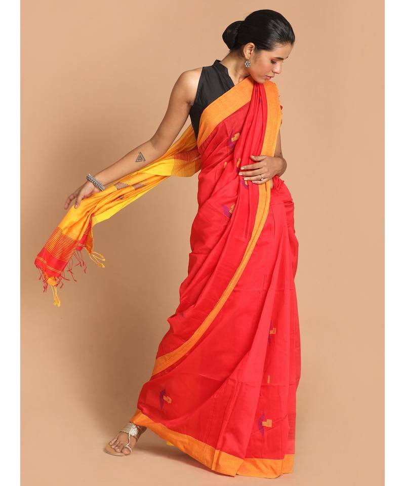 Red Bengal Handloom Cotton Blend Work Saree with blouse