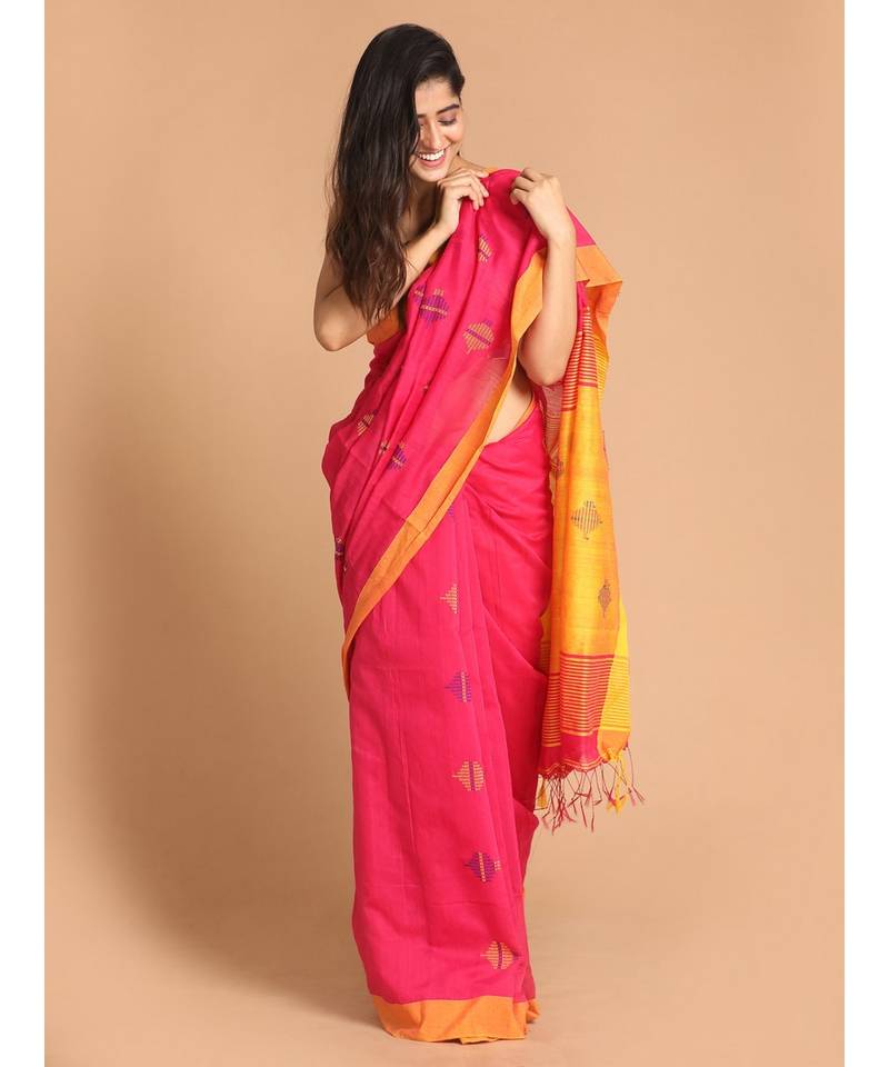 Pink Bengal Handloom Cotton Blend Work Saree with blouse