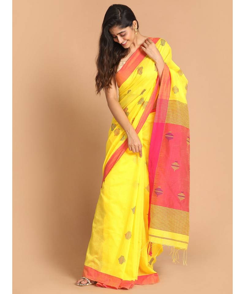 Yellow Bengal Handloom Cotton Blend Work Saree with blouse