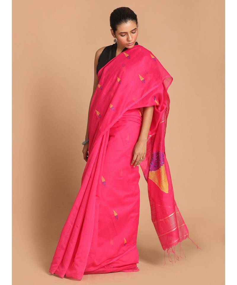 Pink Bengal Handloom Cotton Blend Work Saree with blouse