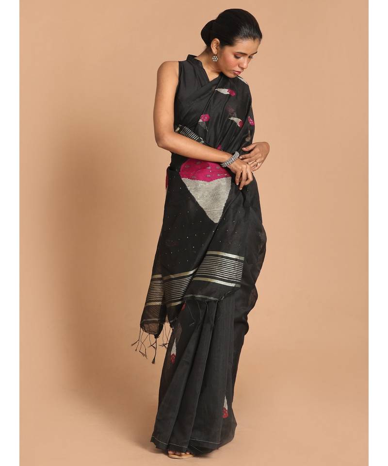 Black Bengal Handloom Cotton Blend Work Saree with blouse