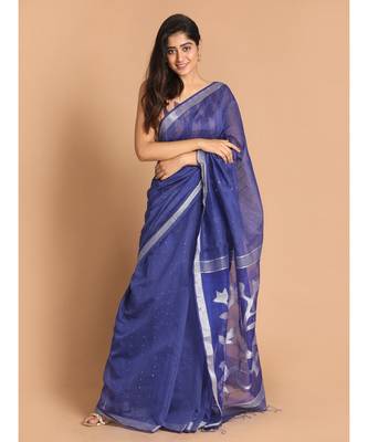 Blue Bengal Handloom Cotton Blend Work Saree with blouse 1