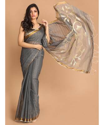 Grey Bengal Handloom Cotton Blend Work Saree with blouse 1