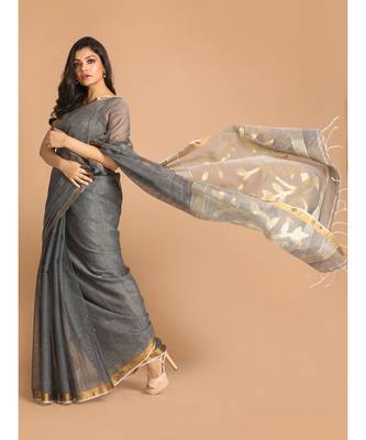 Grey Bengal Handloom Cotton Blend Work Saree with blouse 2