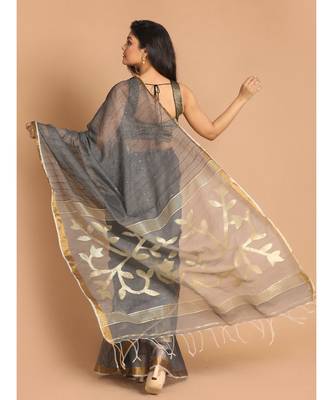 Grey Bengal Handloom Cotton Blend Work Saree with blouse 3