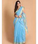 Turquoise Blue Bengal Handloom Cotton Blend Work Saree with blouse