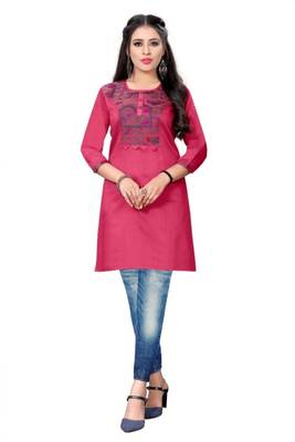 Dark-hot-pink woven viscose short-kurtis 1