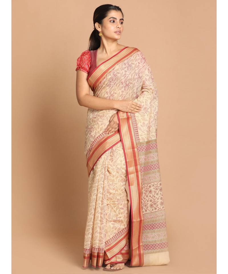 Printed Pure Cotton Saree with blouse in Maroon