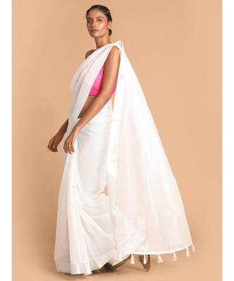 Kota White Solid  Work Wear Saree with blouse 1
