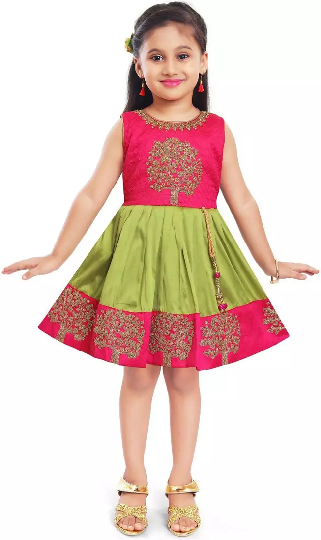 Wishkaro Green Party Wear A- Line Dress  for Girls