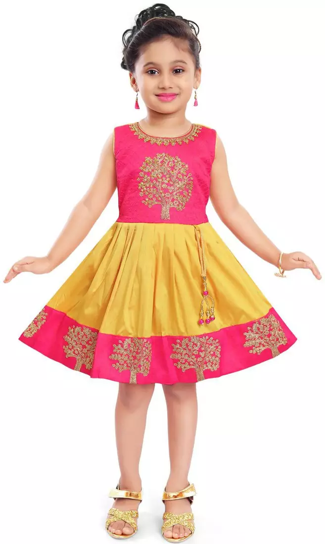 Wishkaro Yellow Party Wear A- Line Dress  for Girls