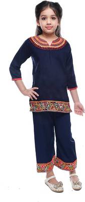 Blue embroidered faux rayon girls-top-bottom 5