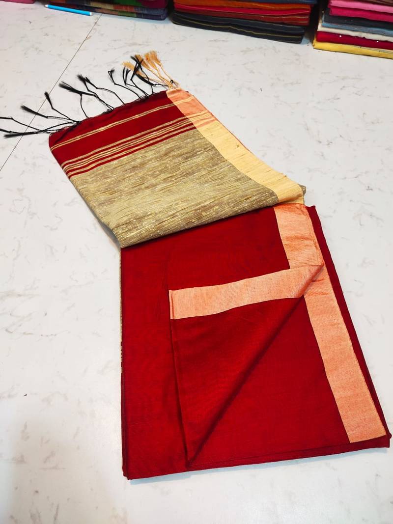 Fabulous Cotton Silk Handloom Saree Ghicha Pallu Plain Body With small Borders