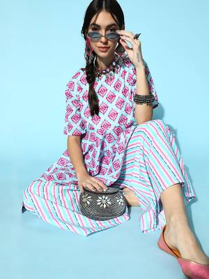Blue printed cotton kurta-sets 5