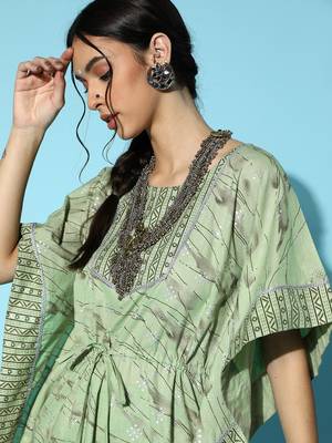 Green printed cotton kurta-sets 4