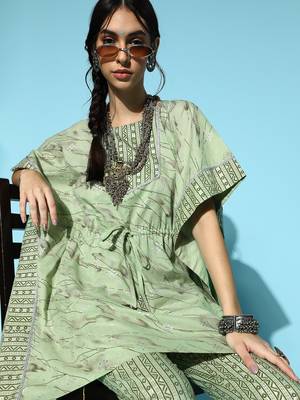 Green printed cotton kurta-sets 5
