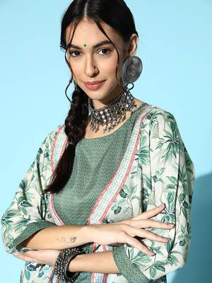Green printed art silk kurta-sets 4