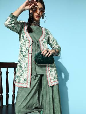 Green printed art silk kurta-sets 5