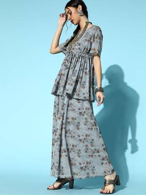 Grey printed georgette kurta-sets 2