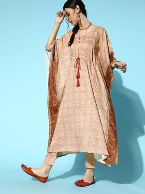 Beige printed art silk kurta-sets 2
