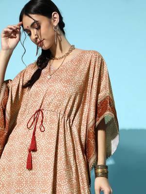 Beige printed art silk kurta-sets 4