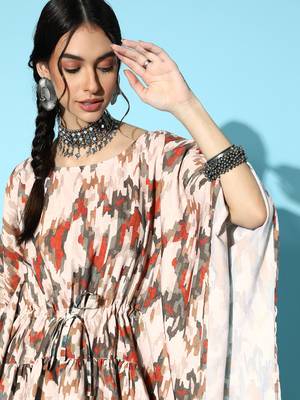 Beige printed rayon kurta-sets 4