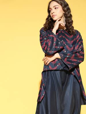 Navy-blue printed art silk kurta-sets 4