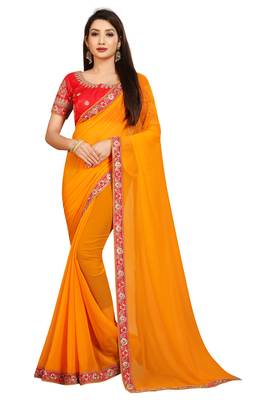 Yellow embroidered georgette saree with blouse 1