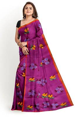 Sareesboutique.in Hand Paint and Embroidery Work on Purple Colour Bangladeshi Cotton with Blouse Piece 1
