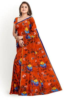 Sareesboutique.in Hand Paint and Embroidery Work on Orange Colour Bangladeshi Cotton with Blouse Piece 1
