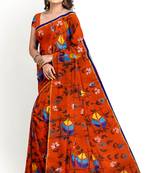 Sareesboutique.in Hand Paint and Embroidery Work on Orange Colour Bangladeshi Cotton with Blouse Piece