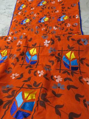 Sareesboutique.in Hand Paint and Embroidery Work on Orange Colour Bangladeshi Cotton with Blouse Piece 2